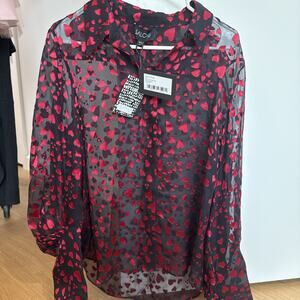 Saloni Joana Top US 6 Black Red Satin Devoré Hearts Long Sleeve NWT